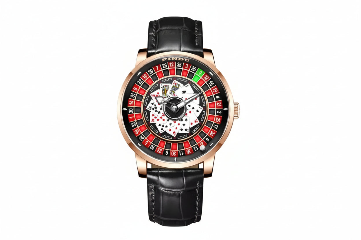 PINDU PD6626 roulette watch front view with red black dial rose gold case and black leather strap