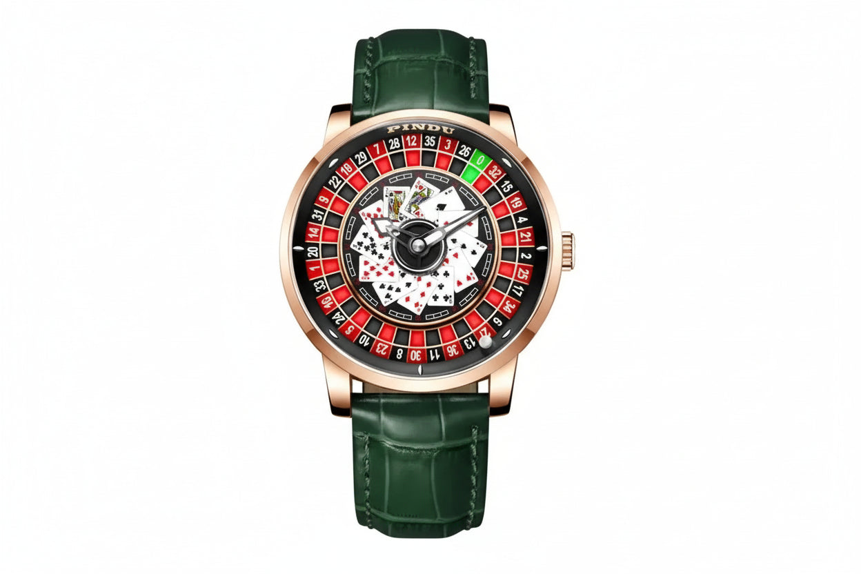 PINDU PD6626 roulette watch front view with red dial rose gold case and green leather strap