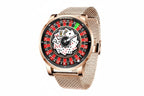 PINDU PD6626 roulette watch angled view with red dial rose gold case and rose gold mesh bracelet