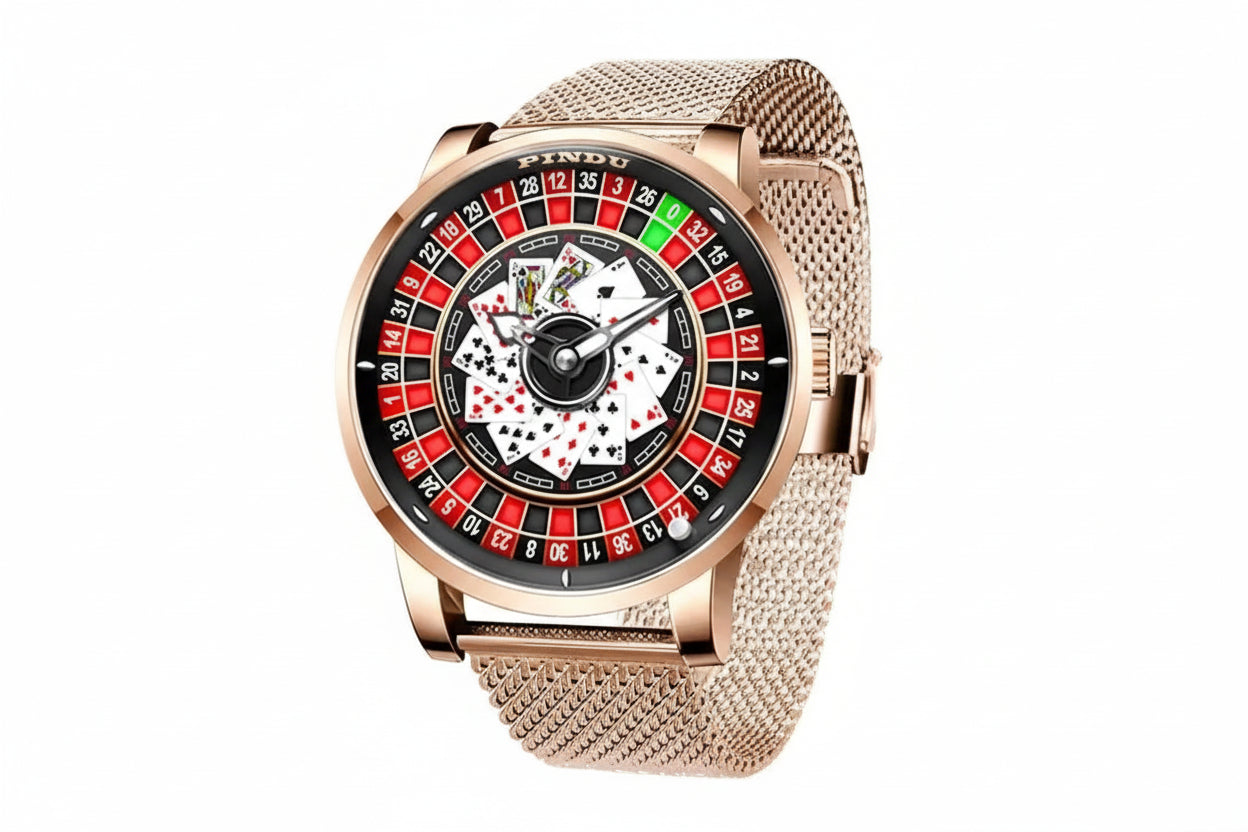 PINDU PD6626 roulette watch angled view with red dial rose gold case and rose gold mesh bracelet