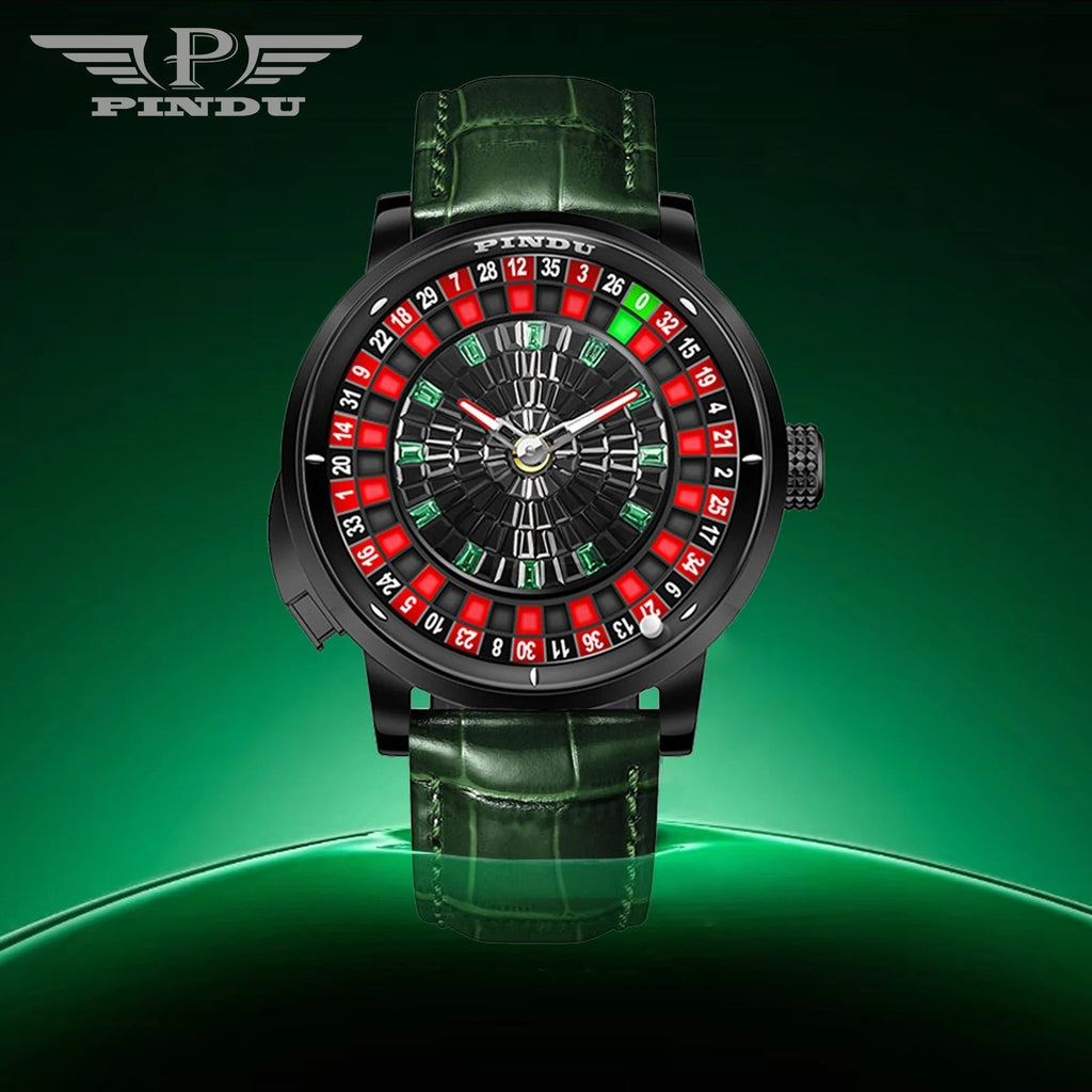 PINDU PD6628 roulette watch on green leather strap against a green branded backdrop, front view