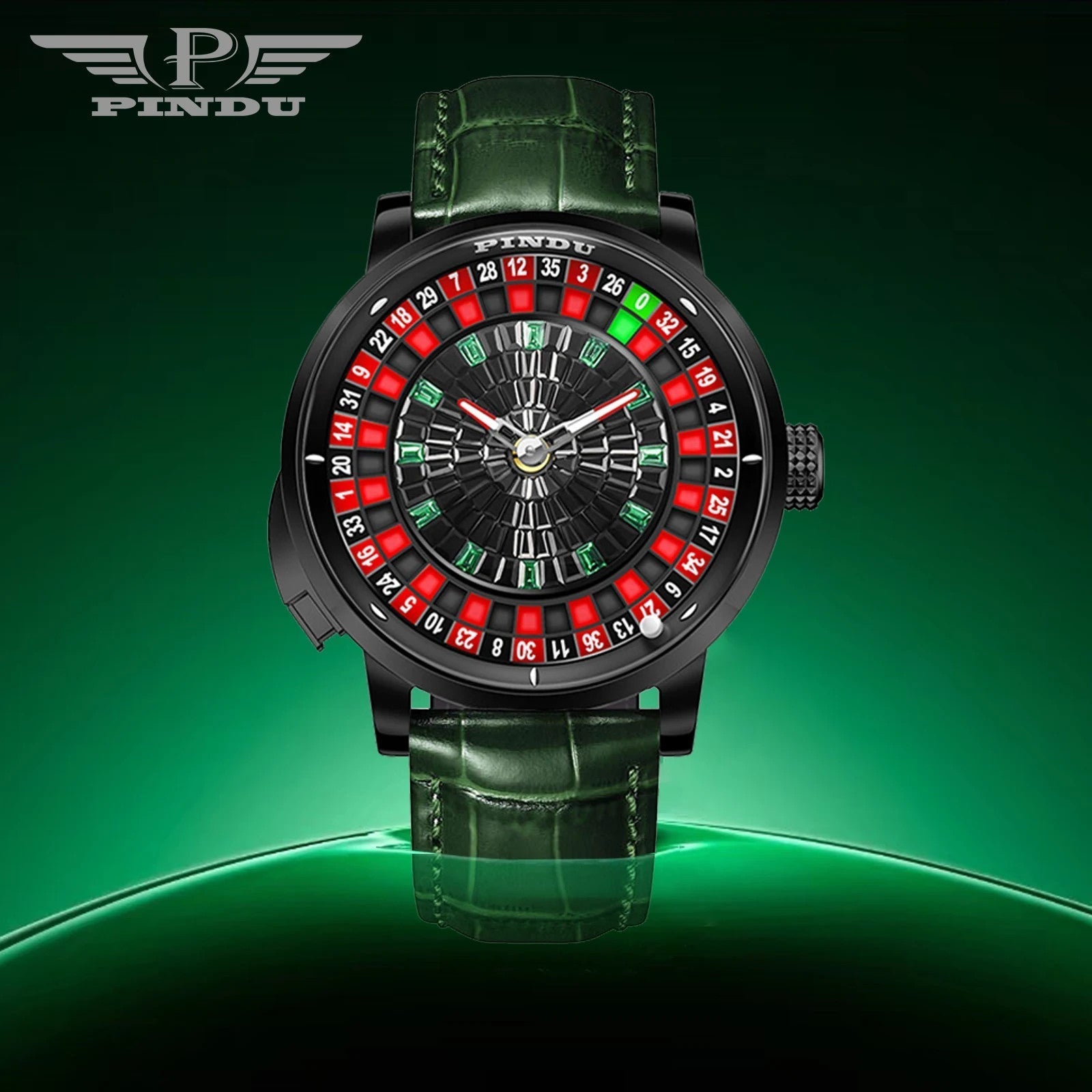PINDU PD6628 roulette watch on green leather strap against a green branded backdrop, front view