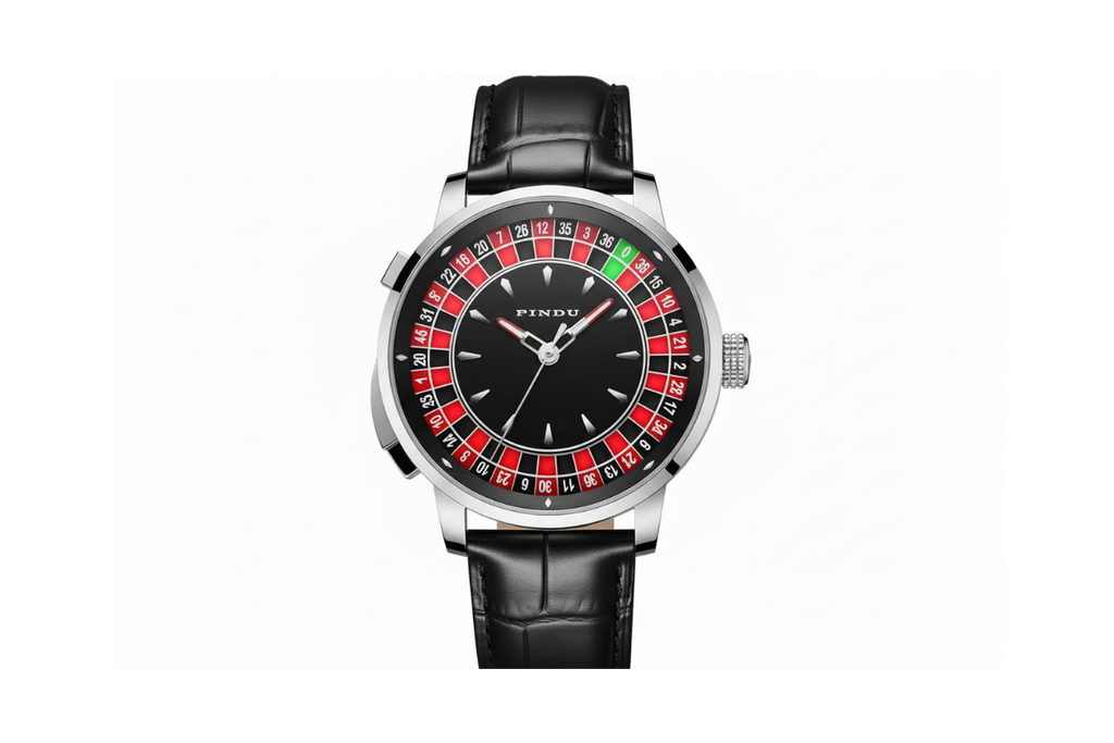 PINDU PD6628 black roulette dial on black leather strap, steel case, catalogue front shot