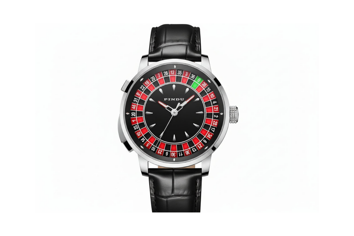 PINDU PD6628 black roulette dial on black leather strap, steel case, catalogue front shot