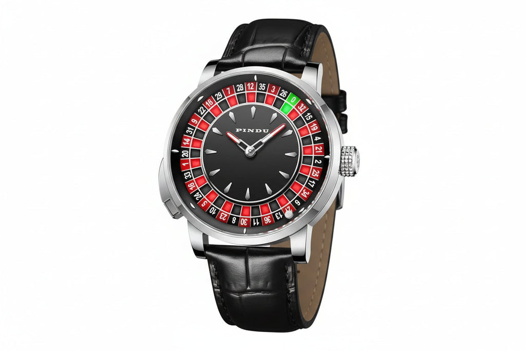 PINDU PD6628 roulette automatic watch black silver dial front view