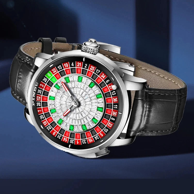 PINDU PD6628 roulette automatic watch silver red dial angle view