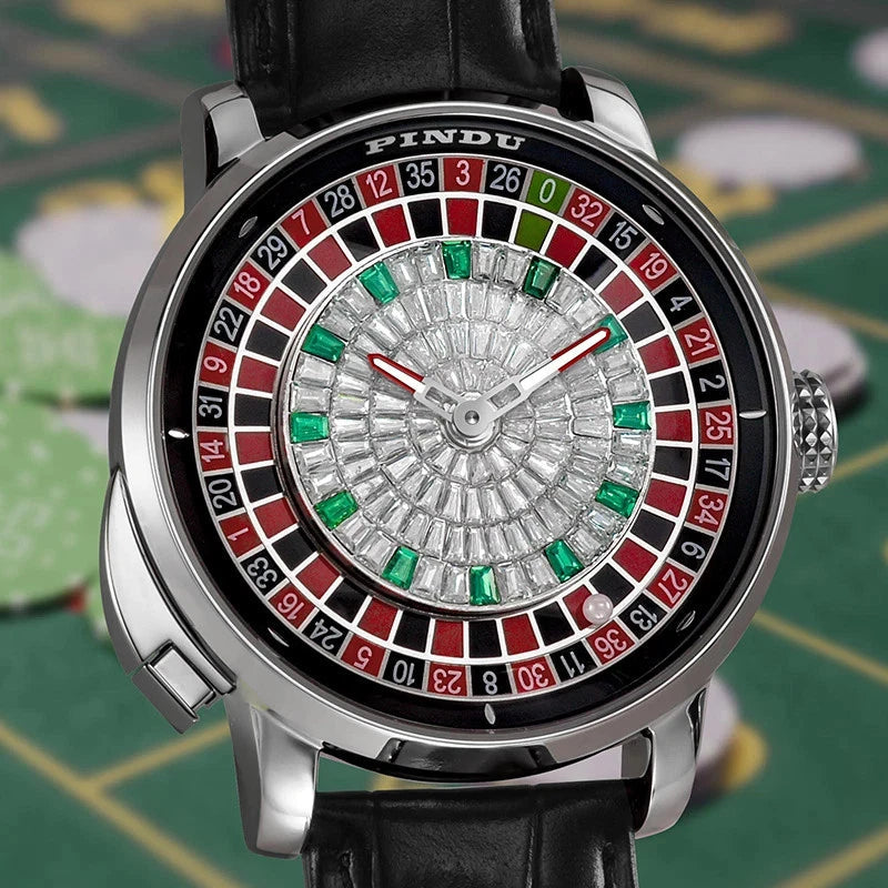 PINDU PD6628 roulette automatic watch silver red dial lifestyle shot