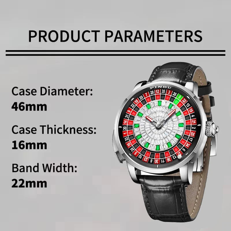 PINDU PD6628 roulette automatic watch silver red dial specifications