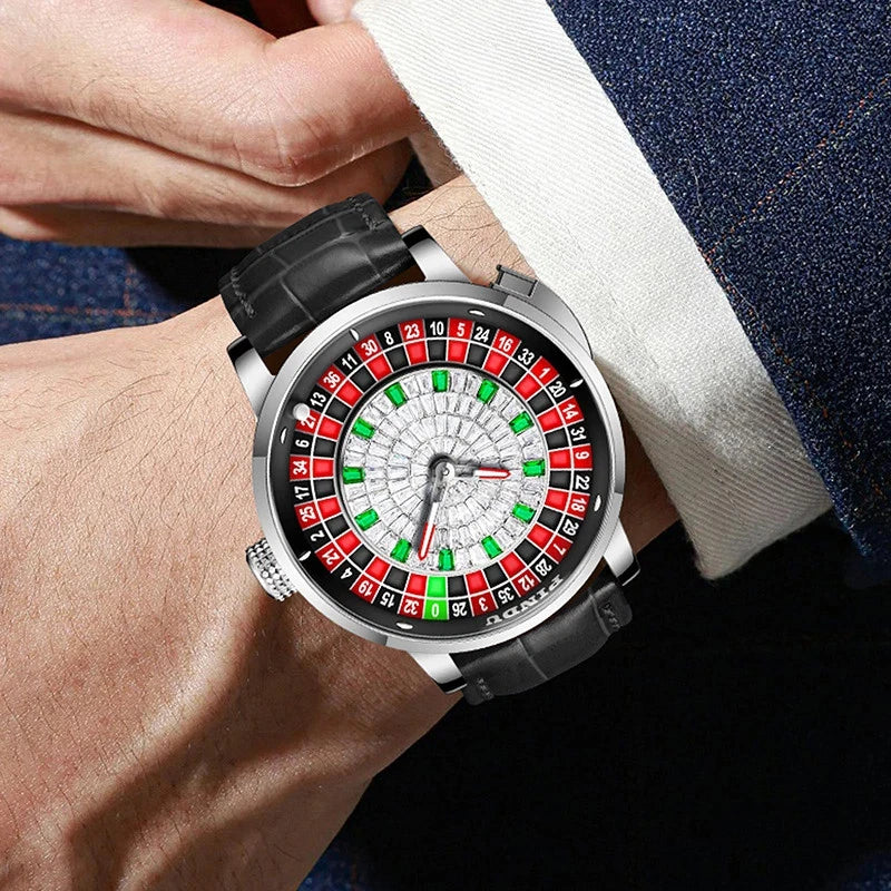 PINDU PD6628 roulette automatic watch silver red dial wrist shot