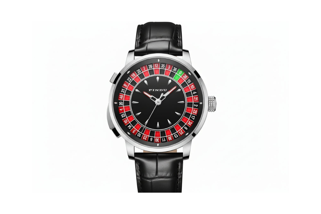 PINDU PD6628 roulette automatic watch silver roulette mesh dial front view