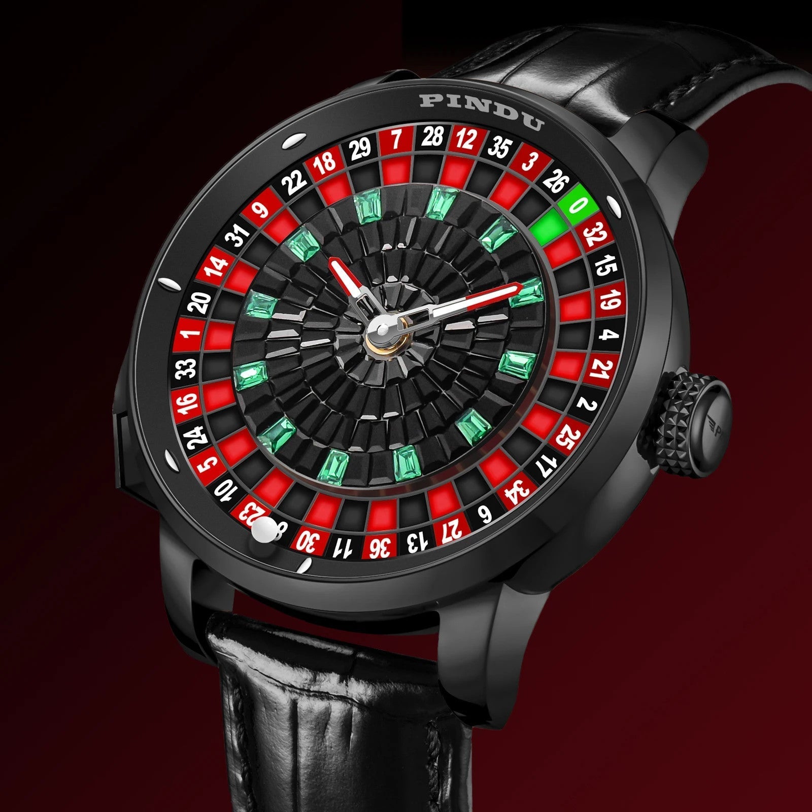 PINDU PD6628 roulette watch angled close-up with black case and red gradient backdrop