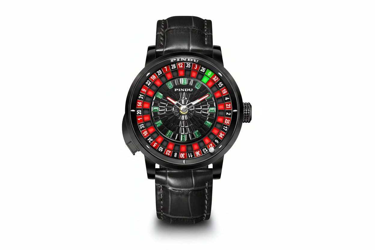 PINDU PD6628 roulette watch with black case, black leather strap, front view