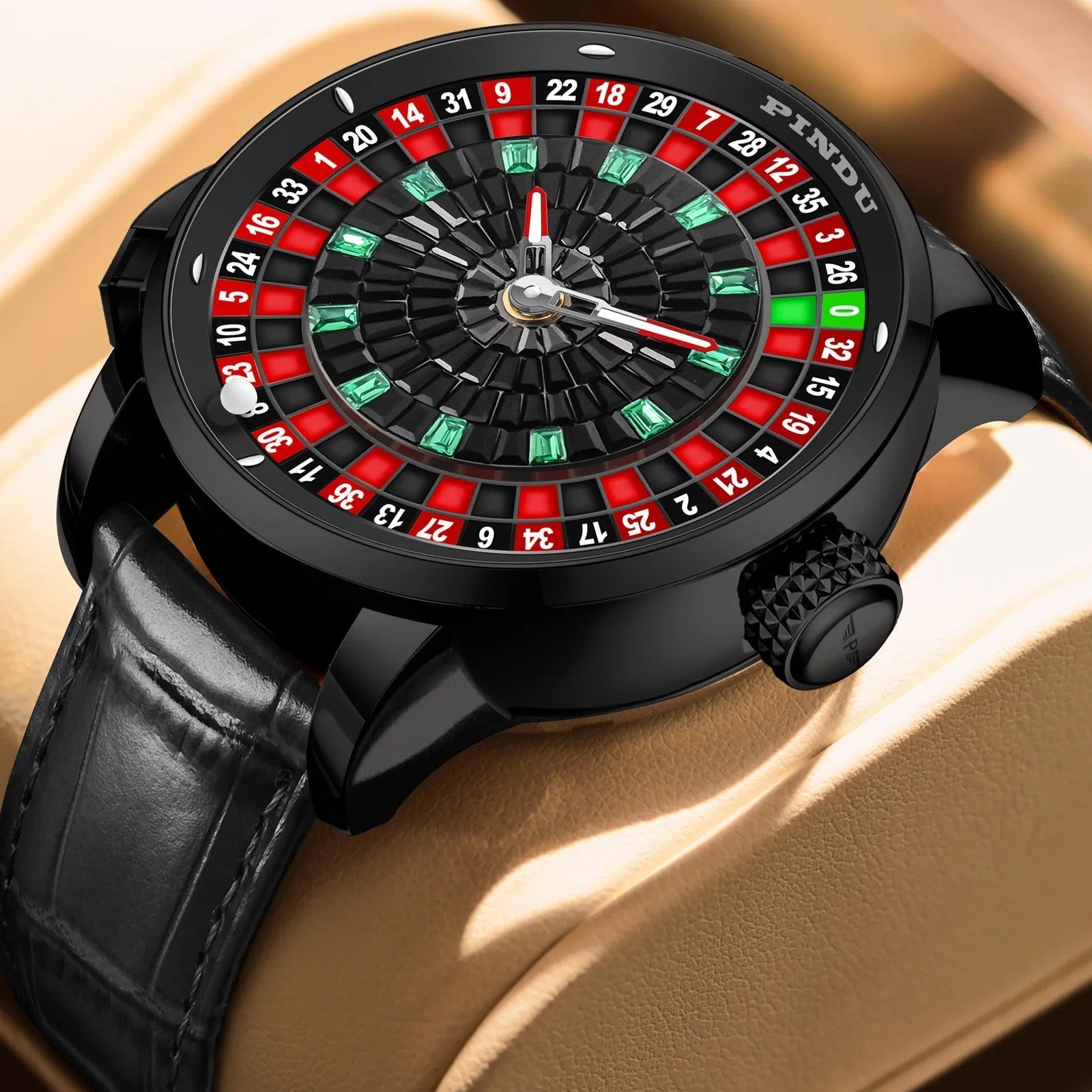 PINDU PD6628 roulette watch with black leather strap on tan leather surface