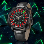 PINDU PD6628 roulette watch with black leather strap on neon green backdrop