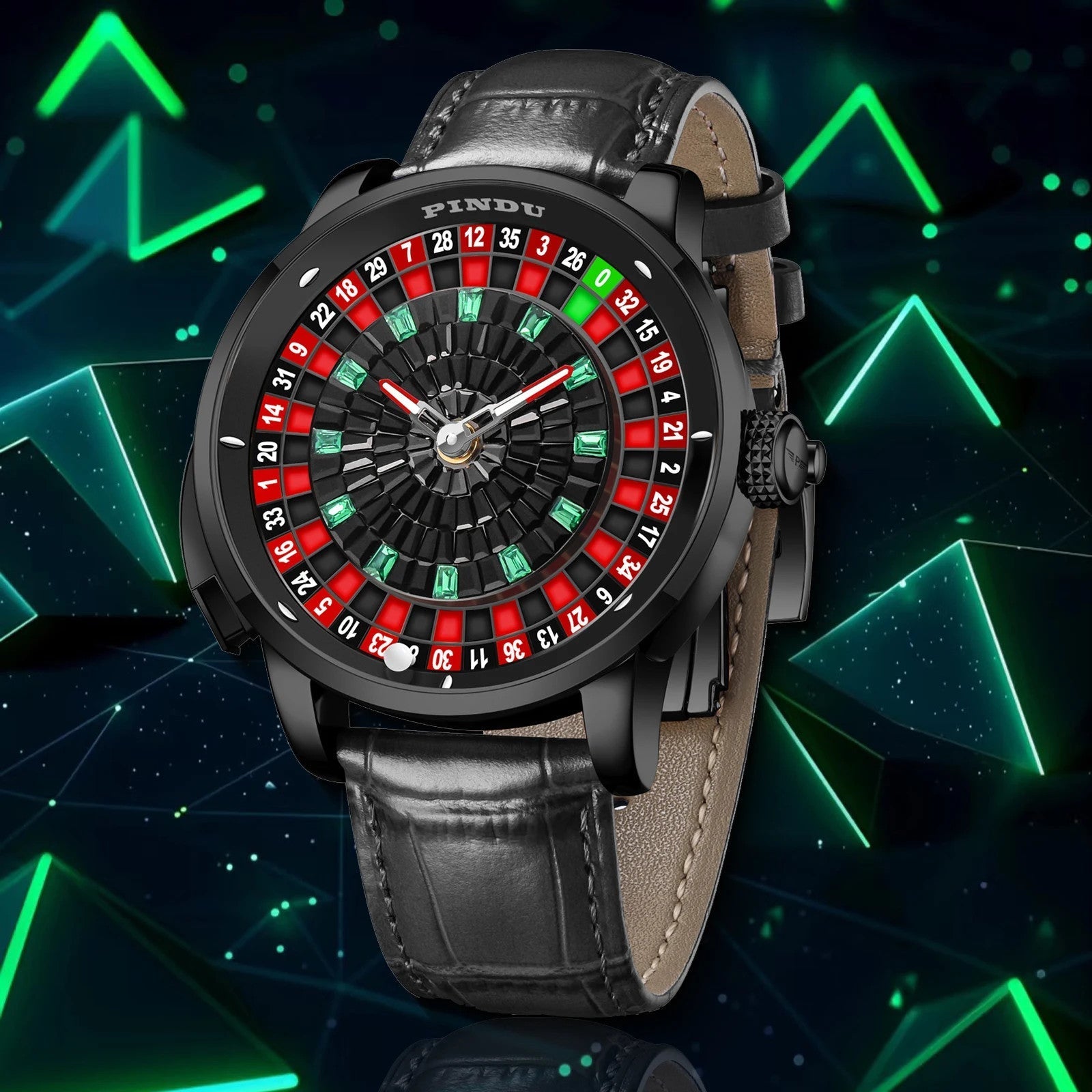 PINDU PD6628 roulette watch with black leather strap on neon green backdrop