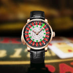 PINDU PD6628 roulette automatic watch with rose gold case, diamond dial and black leather strap, front view
