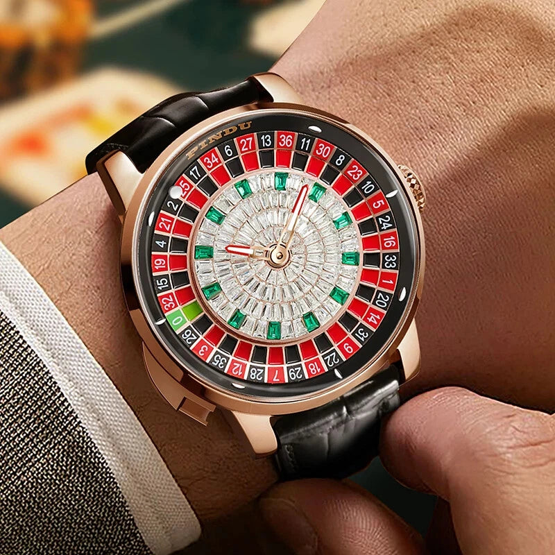 PINDU PD6628 roulette automatic watch with rose gold case, diamond dial and black leather strap on wrist