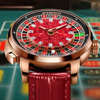 PINDU PD6628 roulette watch with rose gold case and red dial in casino lifestyle scene, side angle