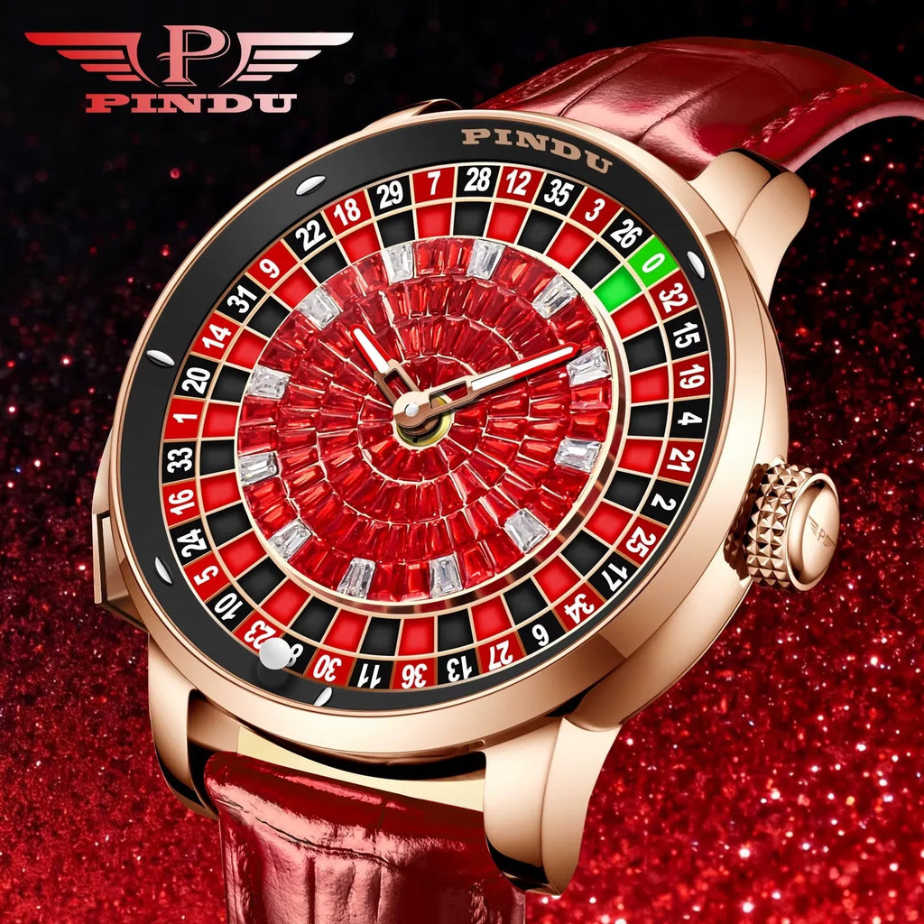 PINDU PD6628 roulette automatic watch detail with rose gold case and red roulette dial with crystal markers