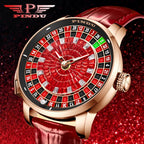 PINDU PD6628 roulette automatic watch detail with rose gold case and red roulette dial with crystal markers