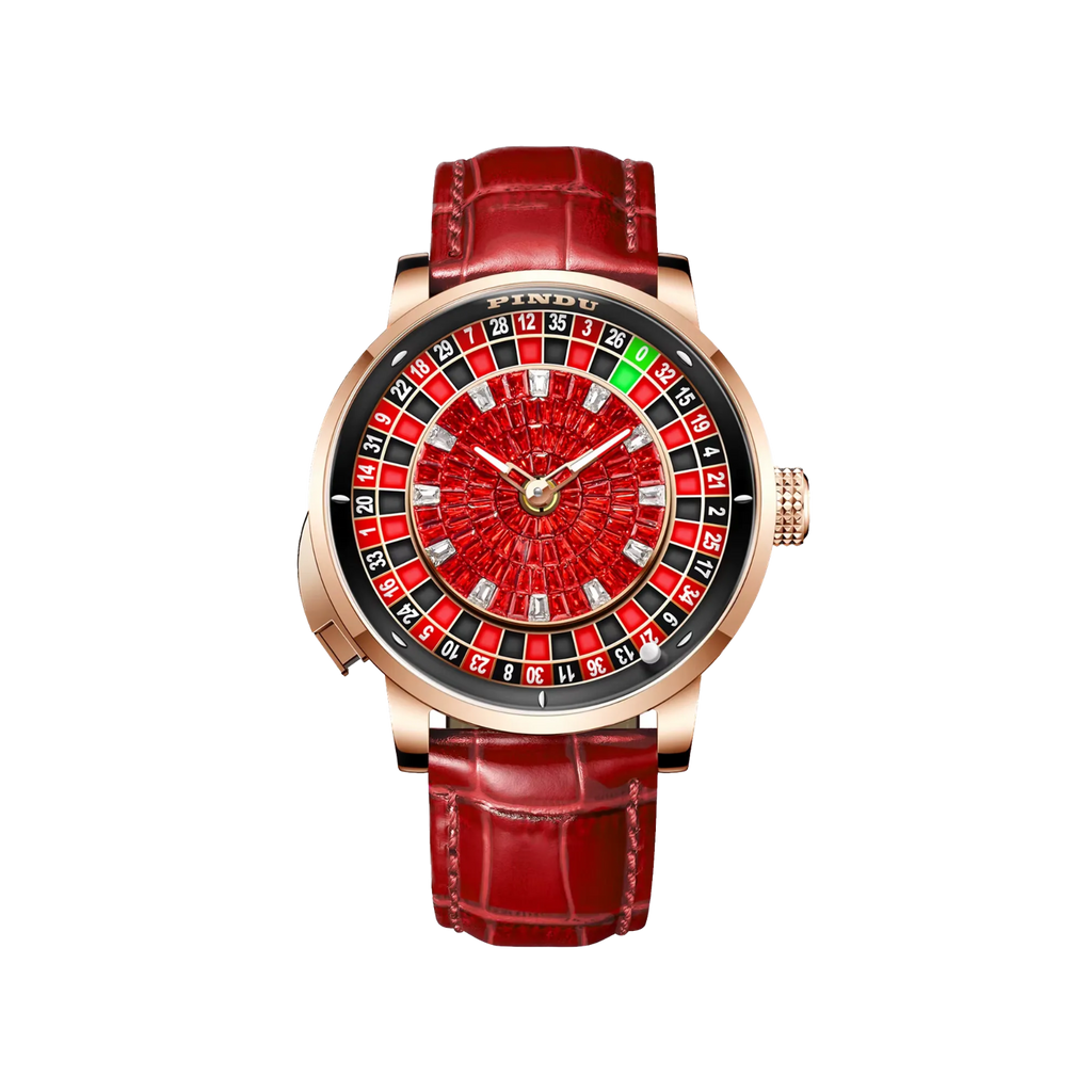 PINDU PD6628 roulette automatic watch with rose gold case, red roulette dial and red leather strap, front view