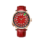 PINDU PD6628 roulette automatic watch with rose gold case, red roulette dial and red leather strap, front view