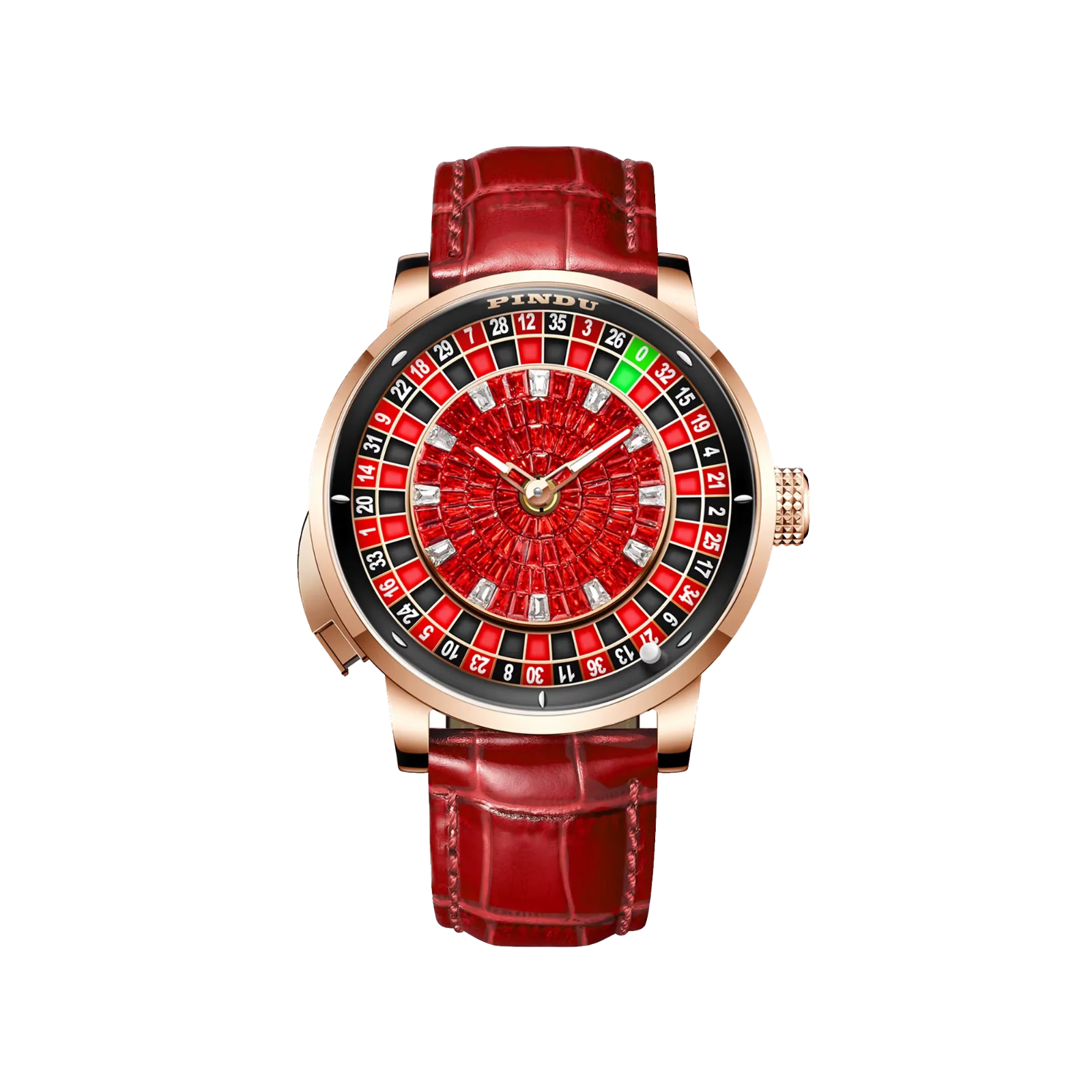 PINDU PD6628 roulette automatic watch with rose gold case, red roulette dial and red leather strap, front view