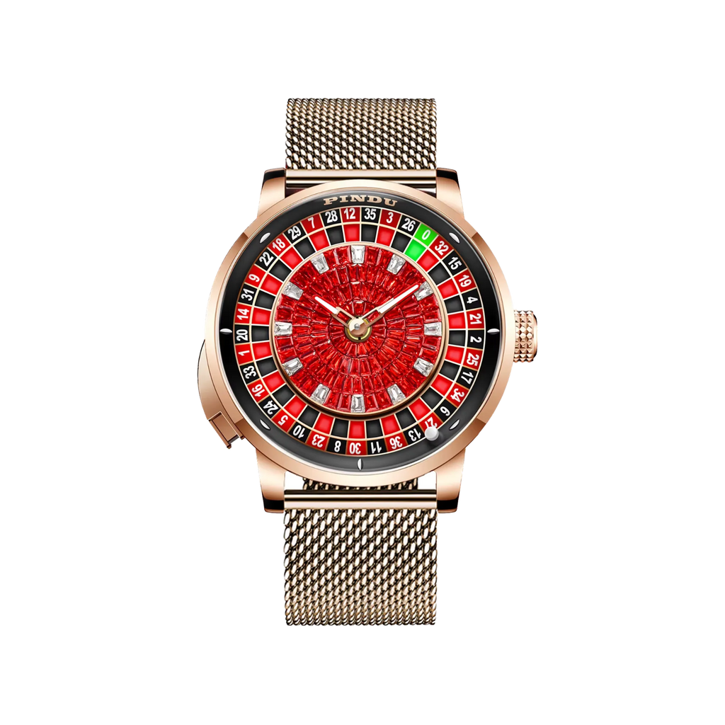 PINDU PD6628 roulette automatic watch with rose gold case, red roulette dial and gold mesh bracelet, front view