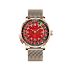 PINDU PD6628 roulette automatic watch with rose gold case, red roulette dial and gold mesh bracelet, front view