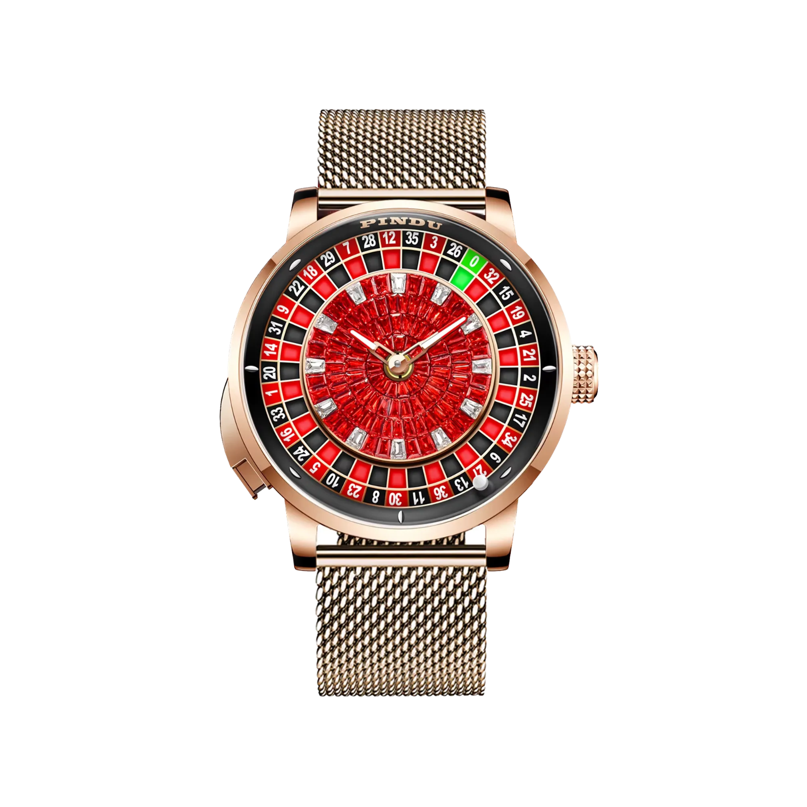 PINDU PD6628 roulette automatic watch with rose gold case, red roulette dial and gold mesh bracelet, front view
