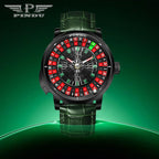 PINDU PD6628 roulette dial close-up with green leather strap and gem markers