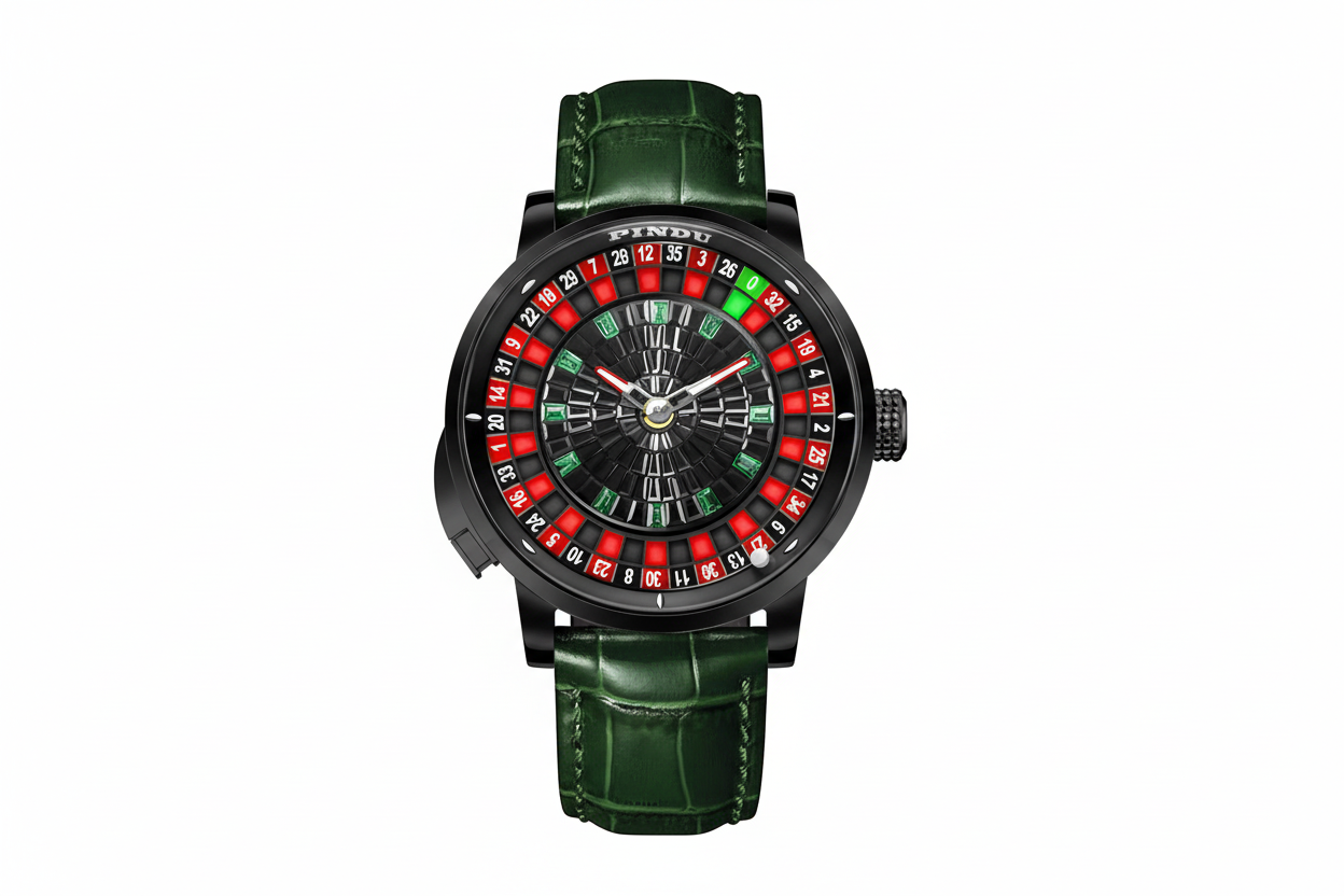 PINDU PD6628 roulette dial watch with black case and green leather strap, front view