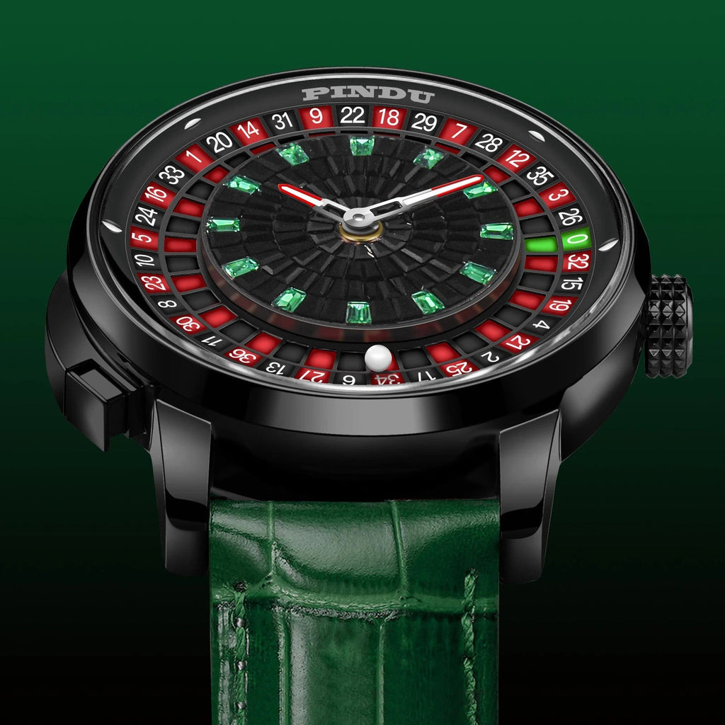 PINDU PD6628 roulette watch with green leather strap, angled side view