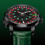 PINDU PD6628 roulette watch with green leather strap, angled side view