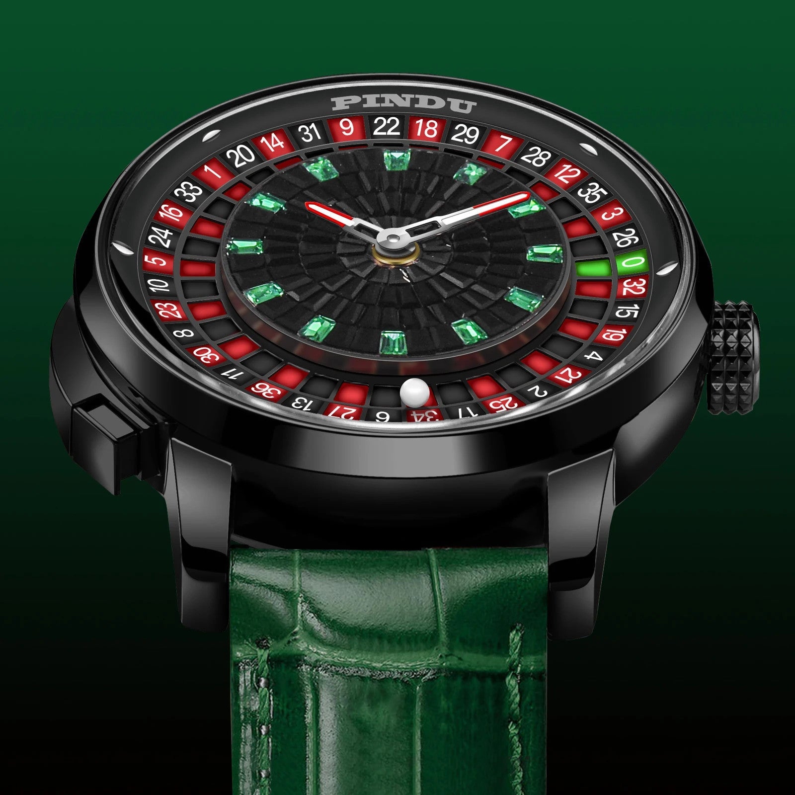 PINDU PD6628 roulette watch with green leather strap, angled side view