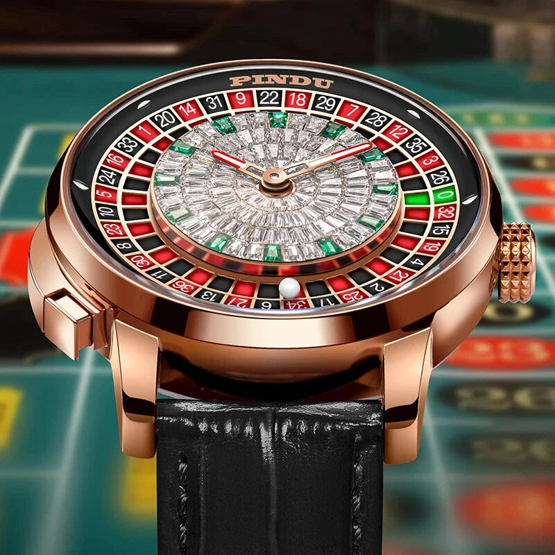 PINDU PD6628 roulette watch lifestyle angled view with crystal dial and rose gold case