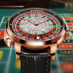 PINDU PD6628 roulette watch lifestyle angled view with crystal dial and rose gold case