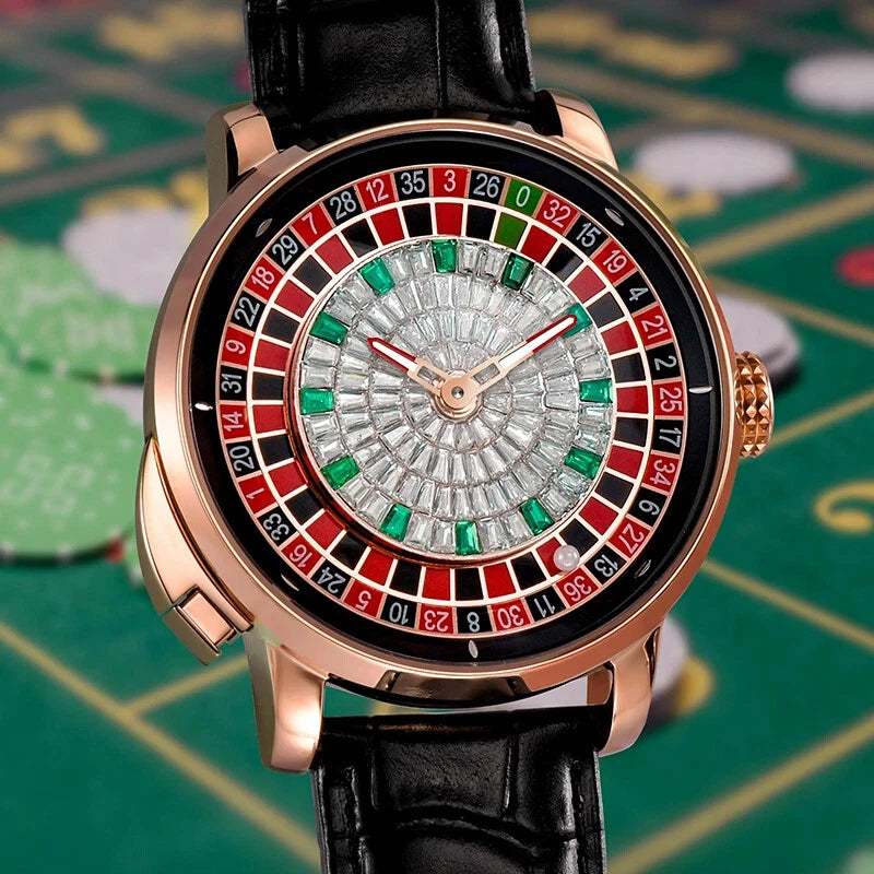 PINDU PD6628 roulette watch lifestyle on casino table with crystal dial and rose gold case