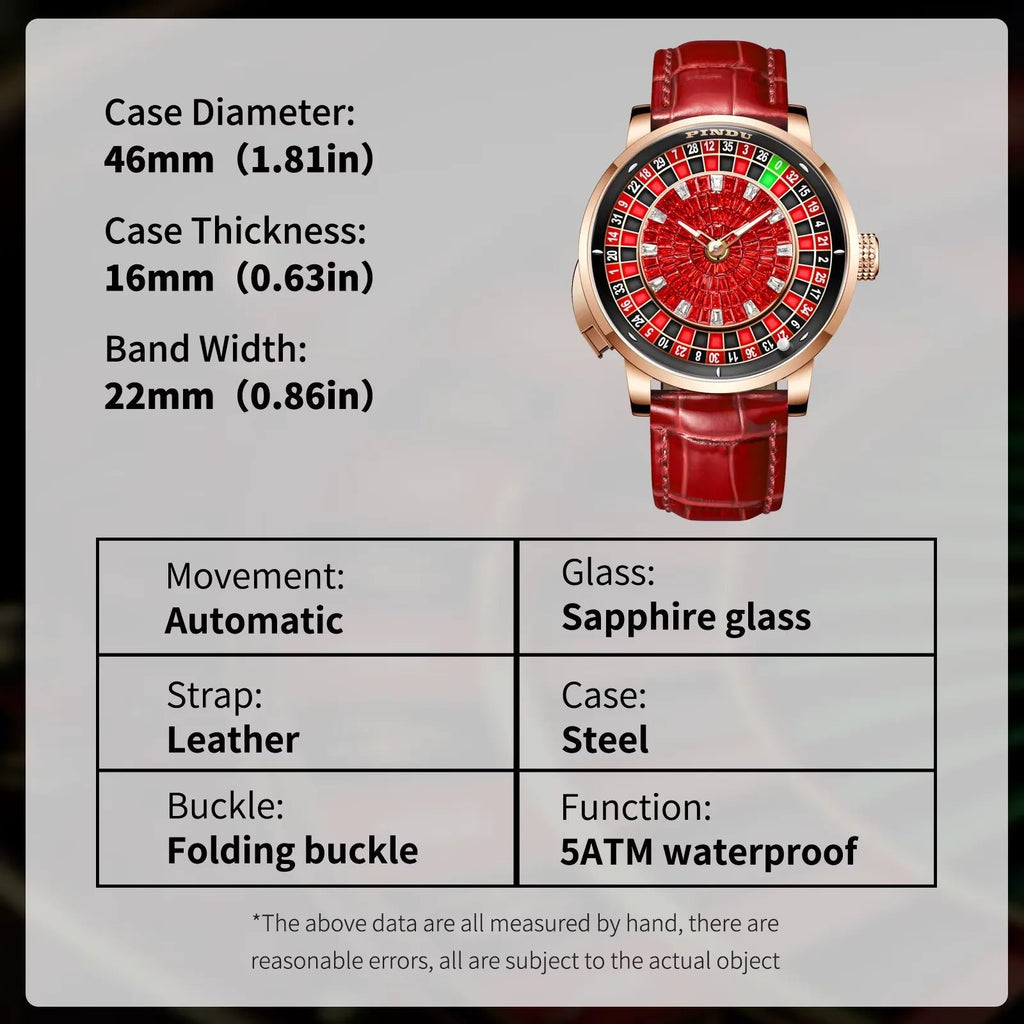 PINDU PD6628 roulette watch product parameters with 46mm case, sapphire glass and 5ATM specifications