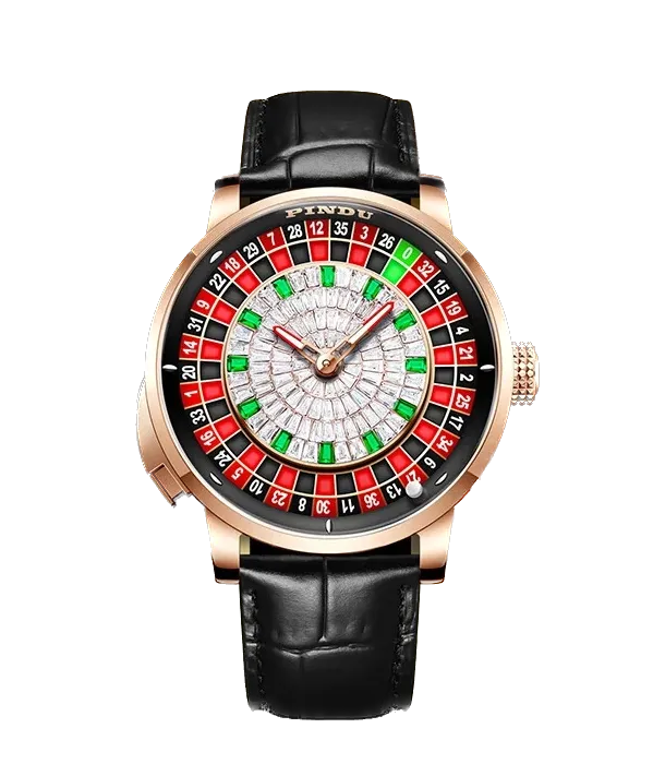 PINDU PD6628 automatic roulette watch front view with red dial and rose gold case