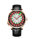 PINDU PD6628 automatic roulette watch front view with red dial and rose gold case