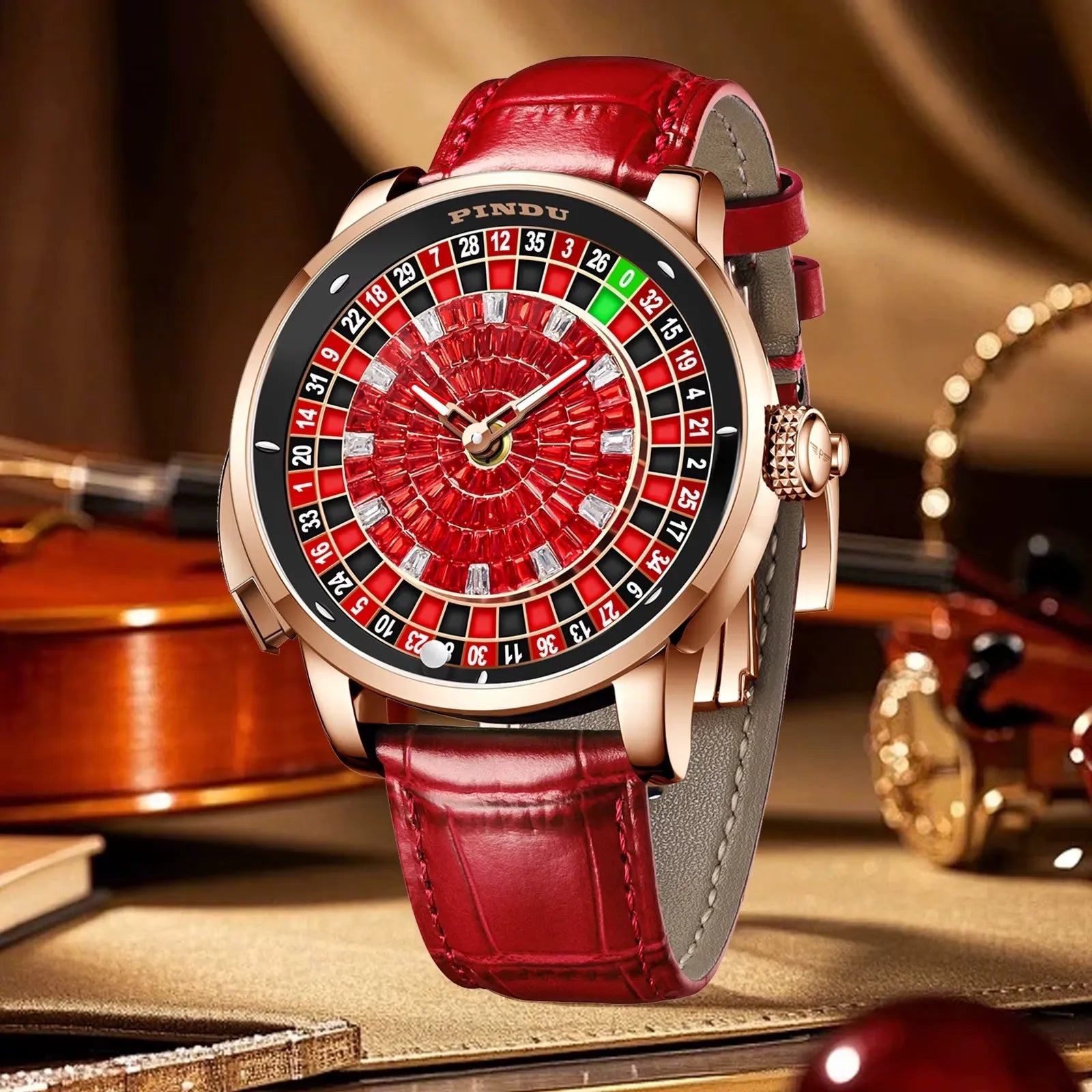 PINDU Button Rotating Red Diamond Dial Automatic Watch, caseback view