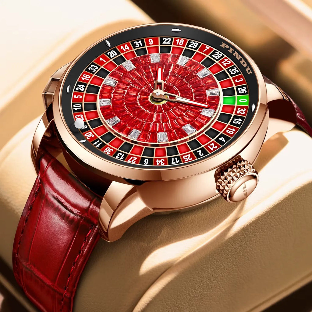 PINDU PD6628 Roulette rose gold men's automatic watch with red dial and red leather strap