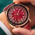 PINDU PD6628 Roulette rose gold men's automatic watch with red dial worn on wrist