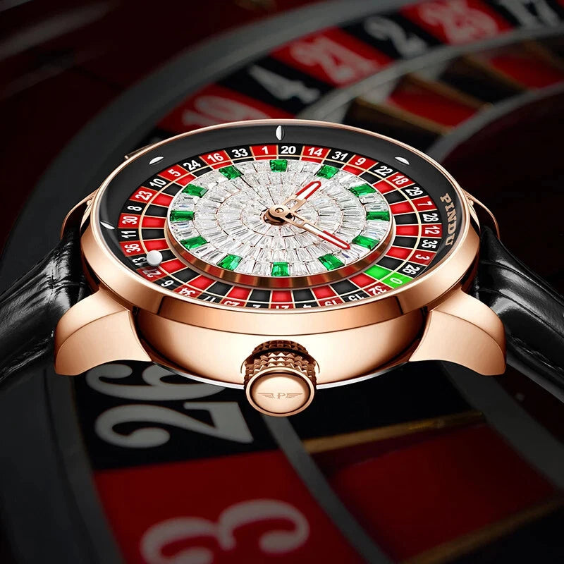 PINDU PD6628 roulette watch side profile lifestyle with crystal dial and rose gold case