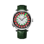 PINDU PD6628 emerald-accented paved roulette dial on green leather strap, front view