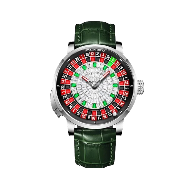 PINDU PD6628 emerald-accented paved roulette dial on green leather strap, front view