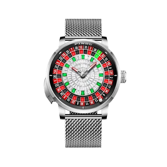 PINDU PD6628 steel mesh bracelet watch with diamond-paved roulette turntable dial