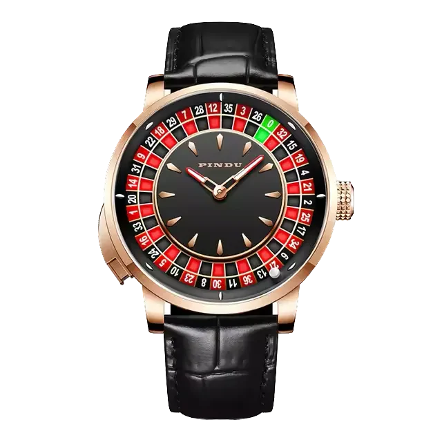 PINDU PD6629 rose gold case, black croc leather strap with red and black roulette dial