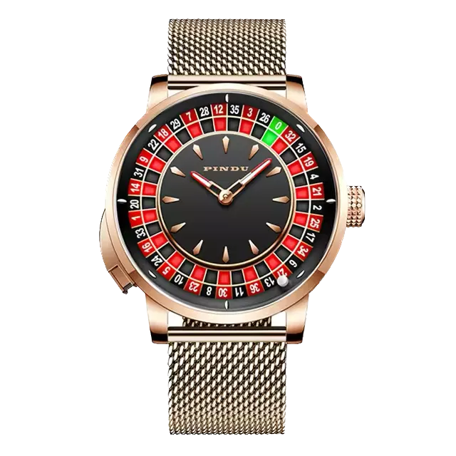 PINDU PD6629 rose gold mesh bracelet casino watch with black roulette number dial